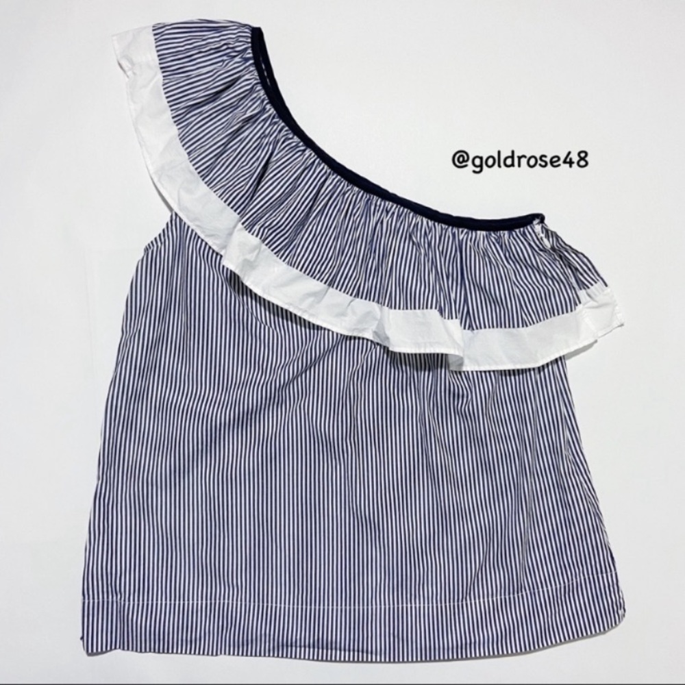 J. Crew one shoulder navy striped ruffle top